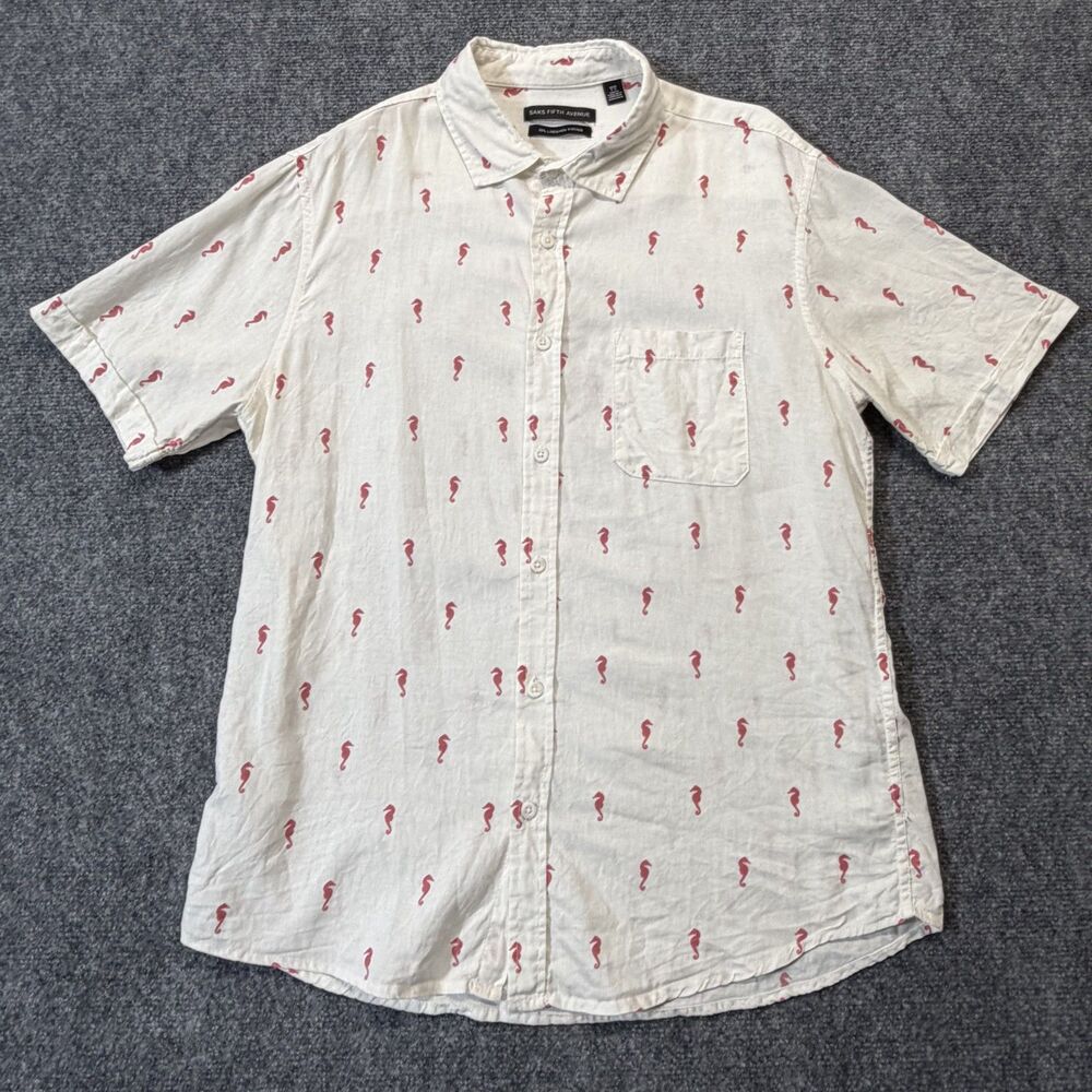 Saks Fifth Avenue Mens L Linen Shirt White Pink Seahorse Print Short Sleeve